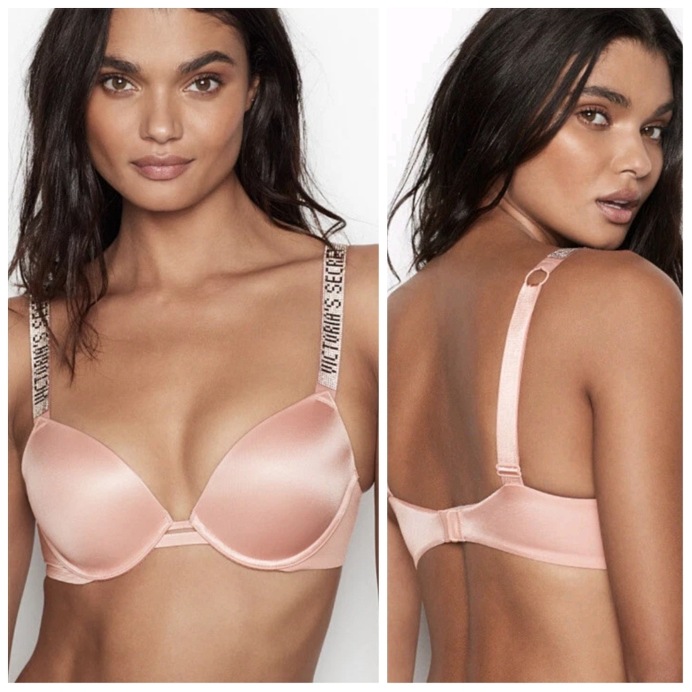NWT Victoria's Secret Very Sexy Peach Push-Up Bra Rhinestone Logo Straps 32DD